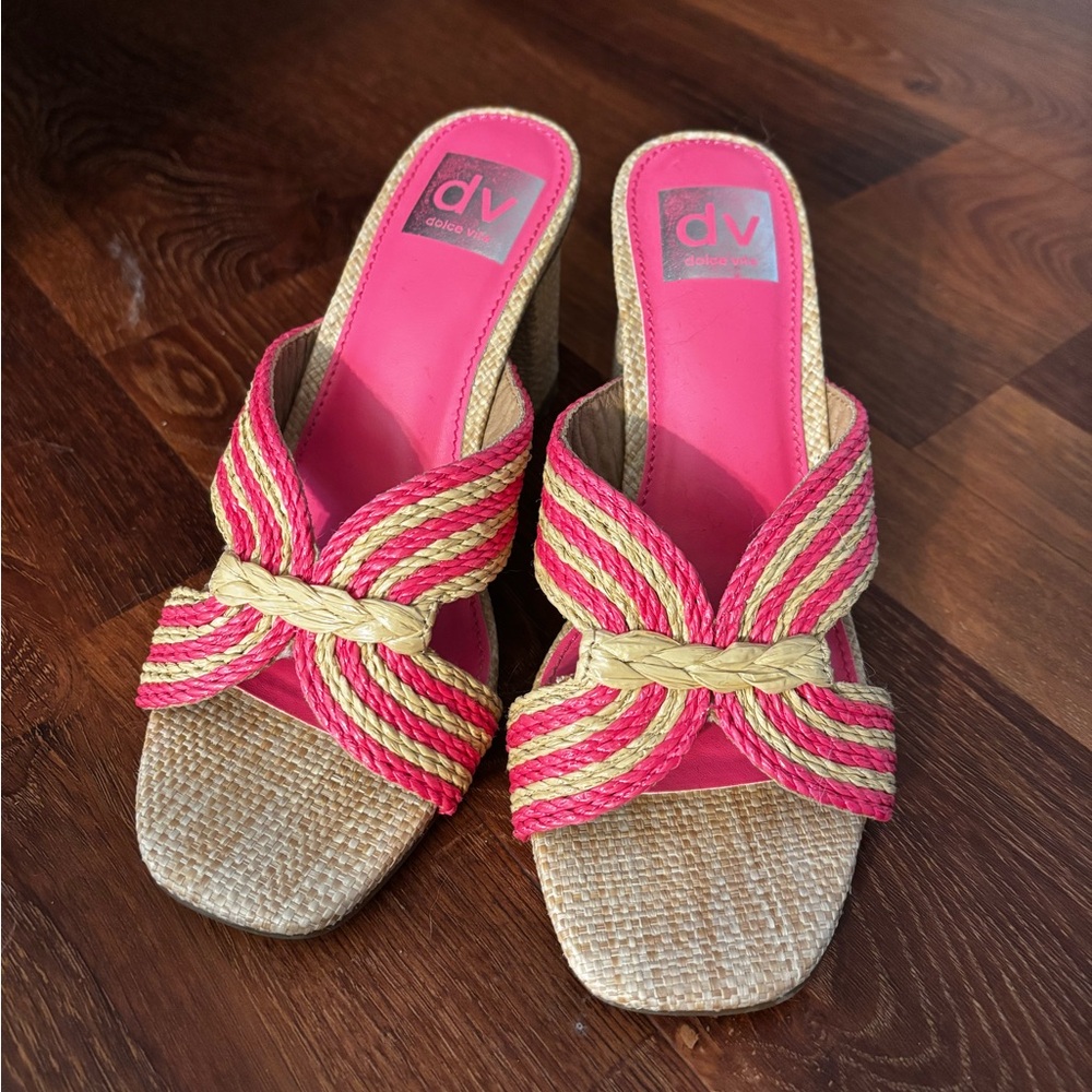 Dolce Vita Pink and Beige Rattan Sandals